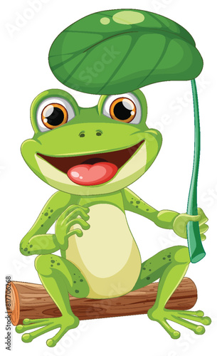Vector illustration of a happy frog under a leaf