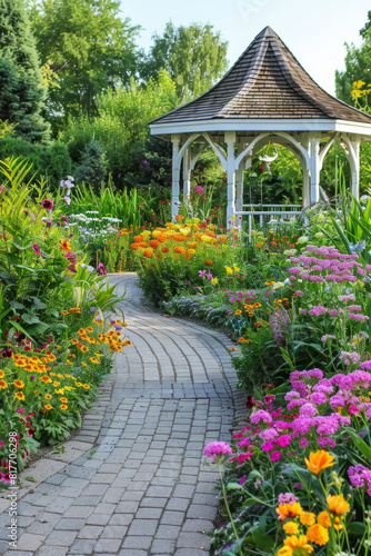 A tranquil garden with colorful flowers  winding pathways  and a quaint gazebo. 