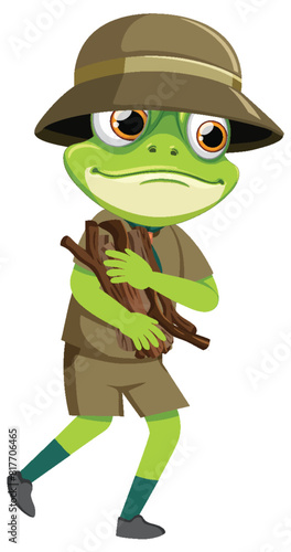 Frog in explorer outfit holding wood