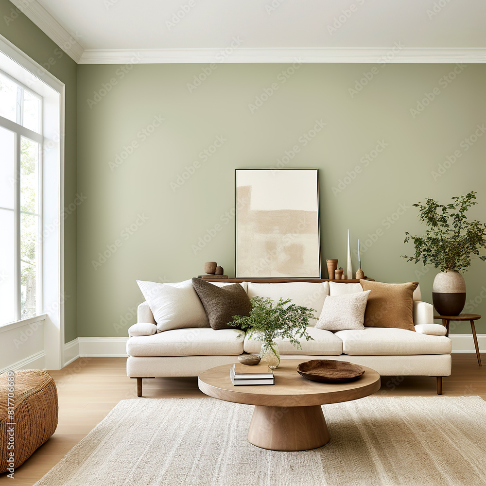 Round accent coffee table near white fabric sofa with mustard pillow against light green wall. Scandinavian interior design of modern living room. Round accent coffee table near white fabric sofa with mustard pillow against light green wall. Scandinavian interior design of modern living room.