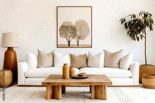 Rustic coffee table and wicker basket near white sofa against wall with art frame. Boho, country interior design of modern living room. photo