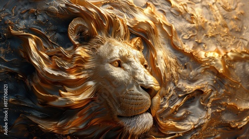 3D print design for interior, , wallpaper, canvas. Golden lion on beautiful black texture background. Beautiful animal lion oil canvas frame painting.