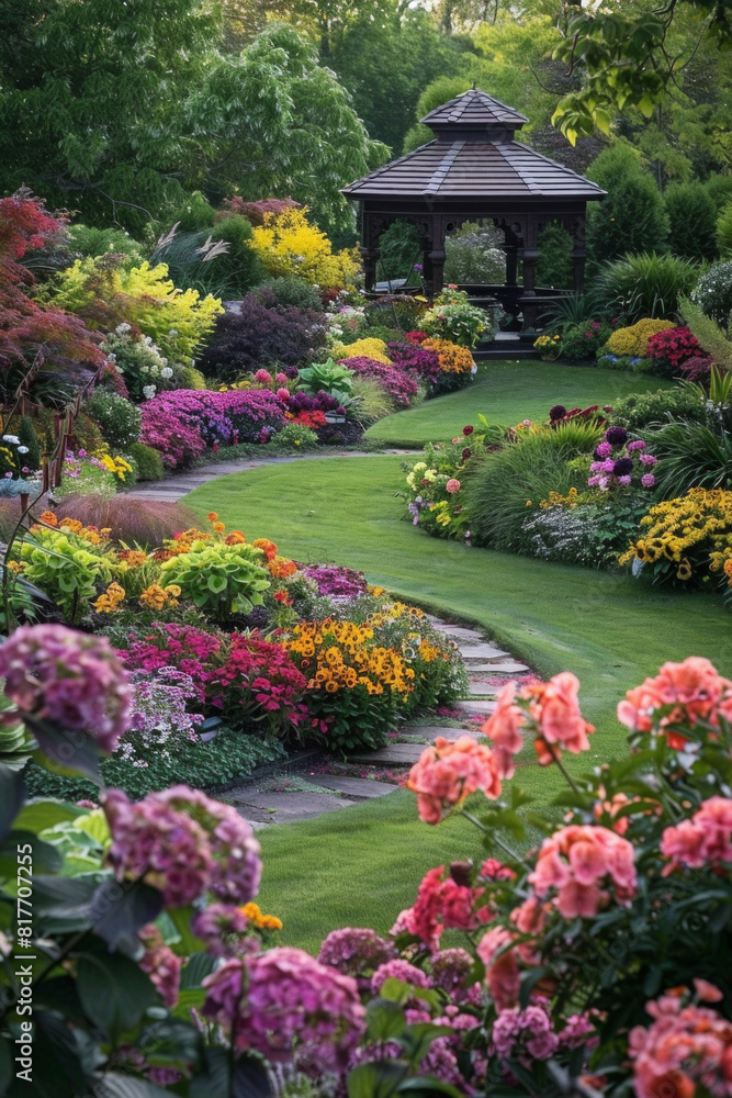 A tranquil garden with colorful flowers, winding pathways, and a quaint gazebo. A tranquil garden with colorful flowers, winding pathways, and a quaint gazebo.