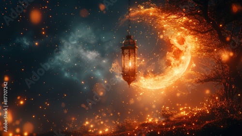 The image of the moon and lantern is a starry sky or space consisting of points, lines and shapes in the form of planets, stars and the universe. Ramadan concept