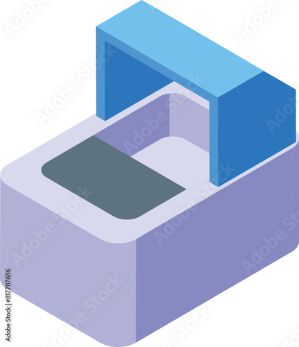 Isometric vector illustration of a modern cash register device in blue and purple colors, representing secure and economic point of sale transaction in a retail store, shop or business
