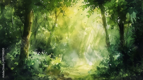 Verdant Wonder: Flowing Watercolor Masterpiece of a Lush Green Forest