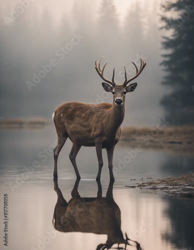 A sweet little deer, drinking from a sparkling lake in the early morning mist.  © abu