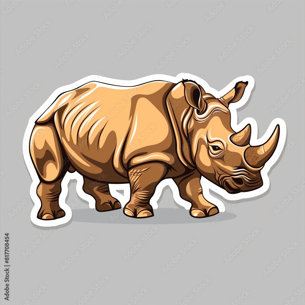 Fototapeta premium A rhinoceros illustration in normal colors as a sticker with a white outline on a gray background without any shadow or gradient.