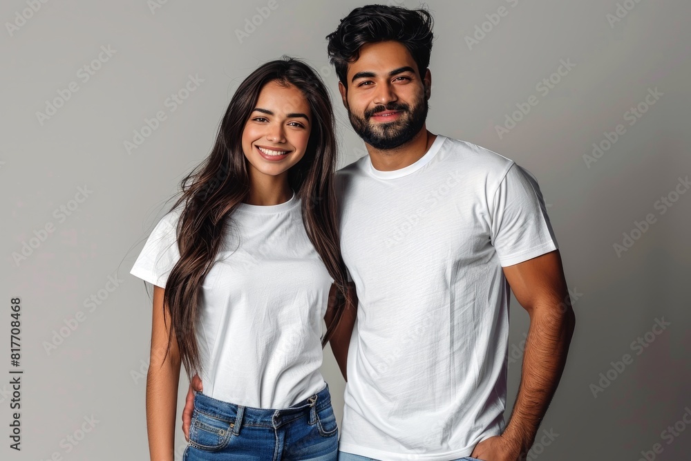 Modern Young Indian couple in white t-shirt, mockup, man woman smiling together in studio, copy space Modern Young Indian couple in white t-shirt, mockup, man woman smiling together in studio, copy space