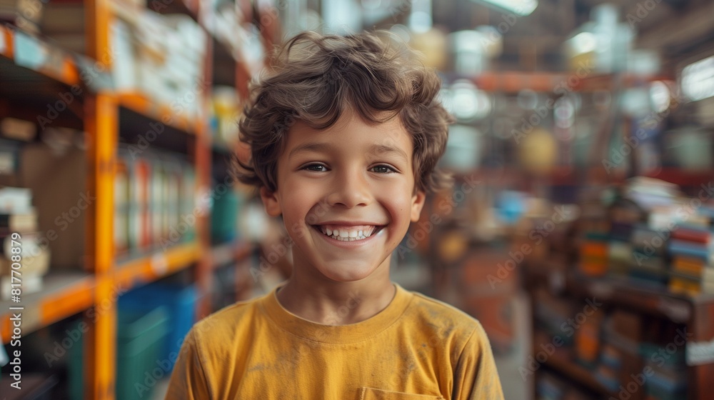 A vivid image of a child's smile as he trades a factory backdrop for a classroom filled with books and educational materials A vivid image of a child's smile as he trades a factory backdrop for a classroom filled with books and educational materials