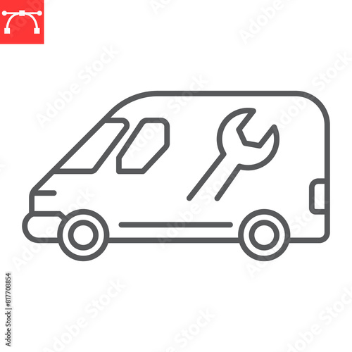 Plumbing service van line icon, plumbing service and transport, handyman truck vector icon, vector graphics, editable stroke outline sign, eps 10.