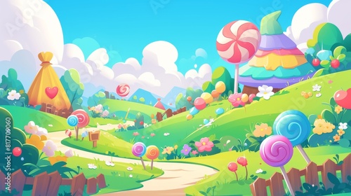 Game background with candy land lollipops and chocolate sweets along the road. Fairytale scenery with clouds under a blue sky.