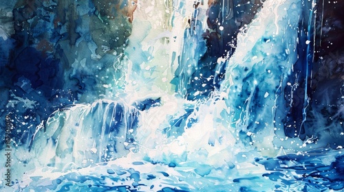 Majestic Watercolor Waterfall: Blending Vibrant Blues