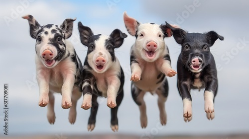 Adorable piglets joyfully leaping in the air