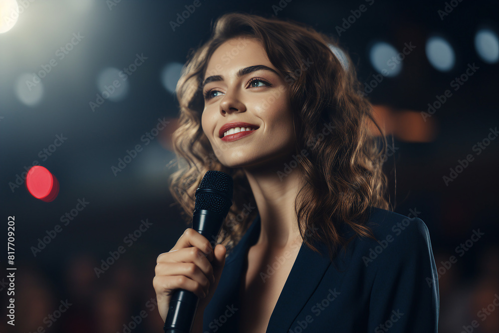 Generative AI illustration motivational speaker with microphone in hand in front of audience at conference room Generative AI illustration motivational speaker with microphone in hand in front of audience at conference room