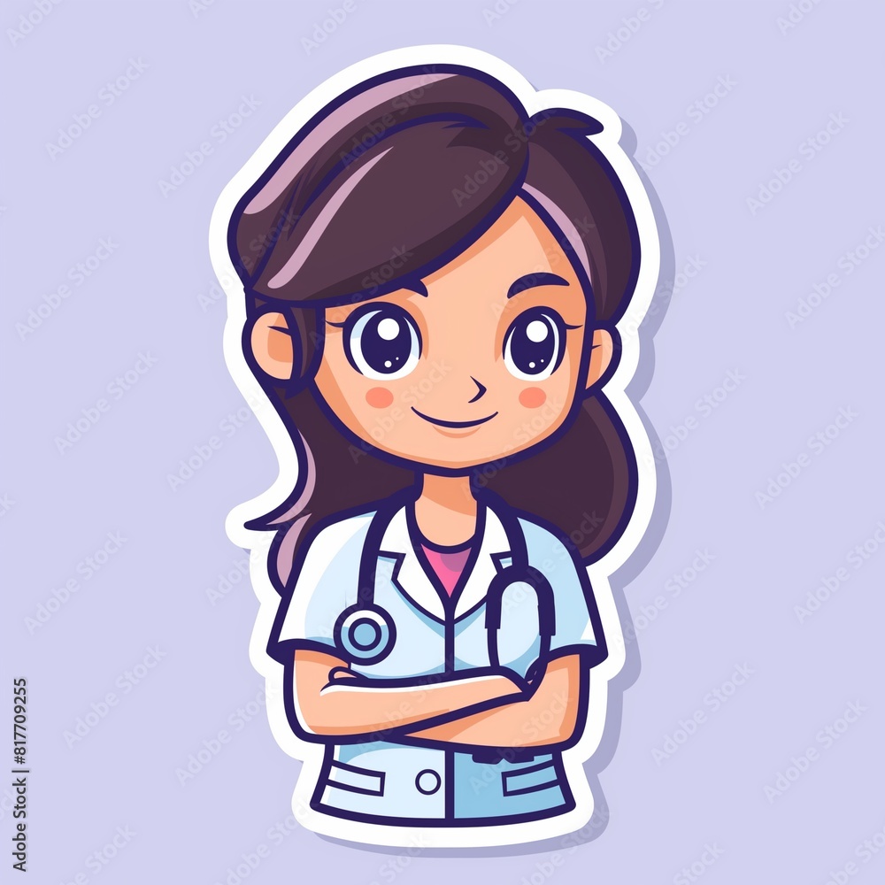 A young female nurse illustration style sticker with white outline on a solid light purple background without any shadow or gradient. A young female nurse illustration style sticker with white outline on a solid light purple background without any shadow or gradient.