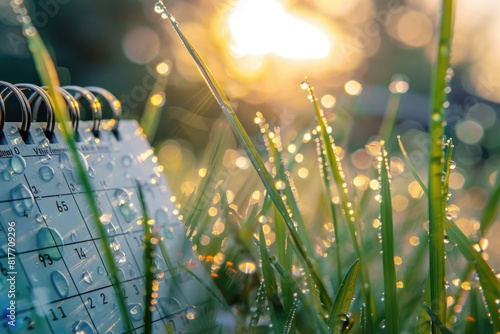A dewy morning scene captures the calendar, with a fresh start symbolized by the date. photo