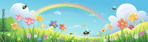 A Playful Cartoon Landscape with Fields of Buzzing Flowers