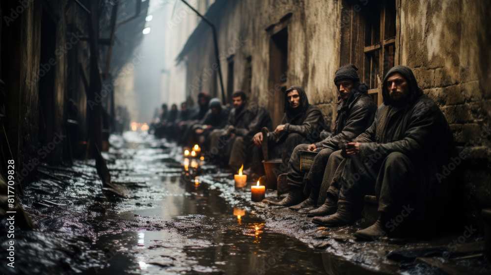 Refugees Sitting in a Dark Alley with Candles During the Balkan Route Journey Refugees Sitting in a Dark Alley with Candles During the Balkan Route Journey