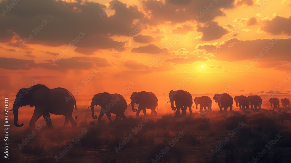 Fototapeta premium Captivating Realism: Savannah Scene at Sunset with Elephants