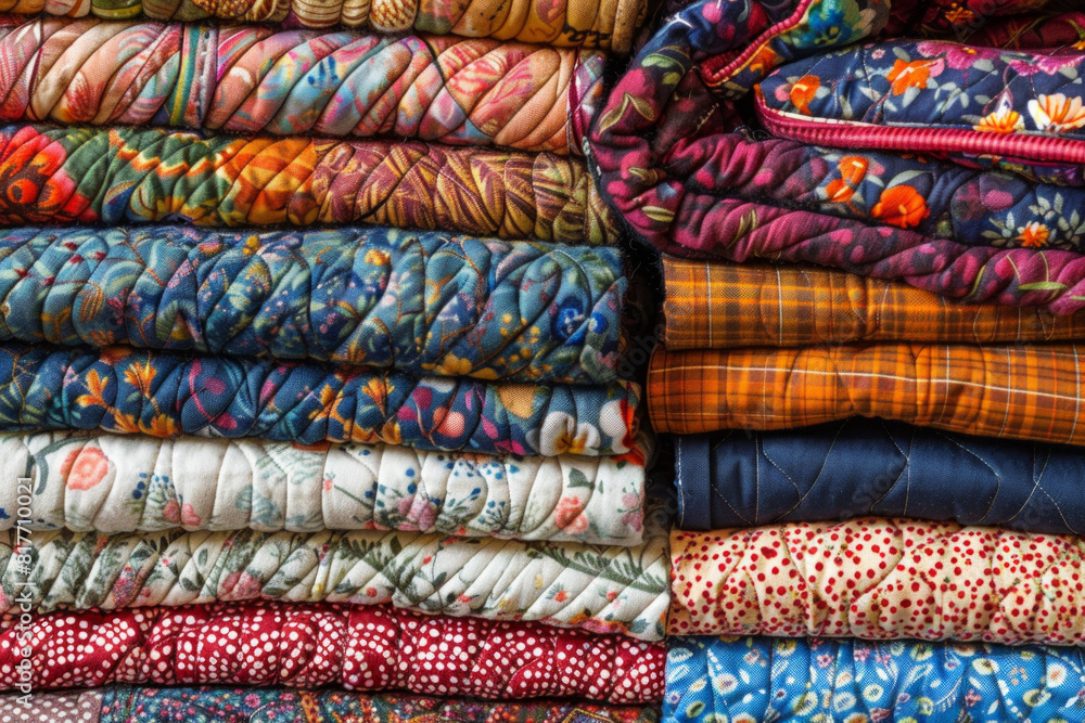 A stack of colorful quilts, with different fabric patterns and textures. A stack of colorful quilts, with different fabric patterns and textures.