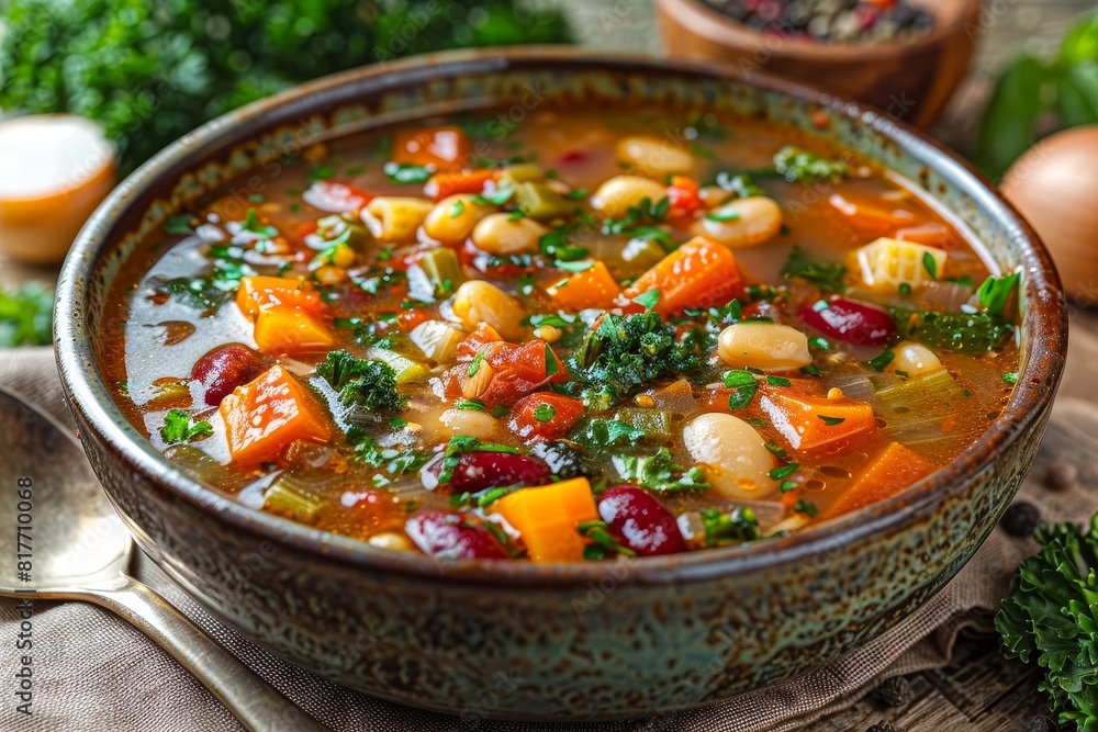 Minestrone Soup: A bowl of vegetable-rich minestrone soup with visible chunks of vegetables, beans, and pasta, in a hearty broth. Minestrone Soup: A bowl of vegetable-rich minestrone soup with visible chunks of vegetables, beans, and pasta, in a hearty broth.