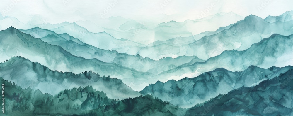 Misty Mountain Range Serenity: A Watercolor Landscape Misty Mountain Range Serenity: A Watercolor Landscape