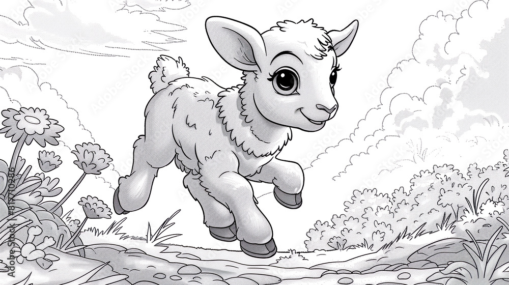 Obraz premium running sheep, black and white illustration suitable as a coloring book for children