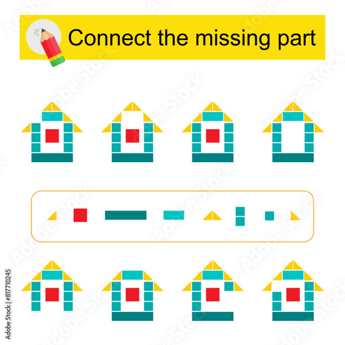 Connect the missing part. Task for the development of attention and logic. Cartoon house.