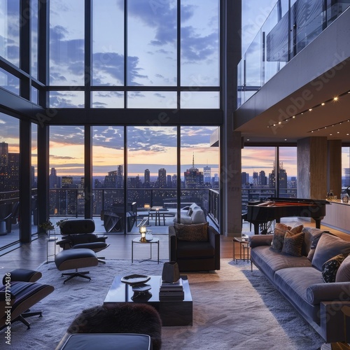 An upscale city penthouse with sleek  modern design and breathtaking urban views.