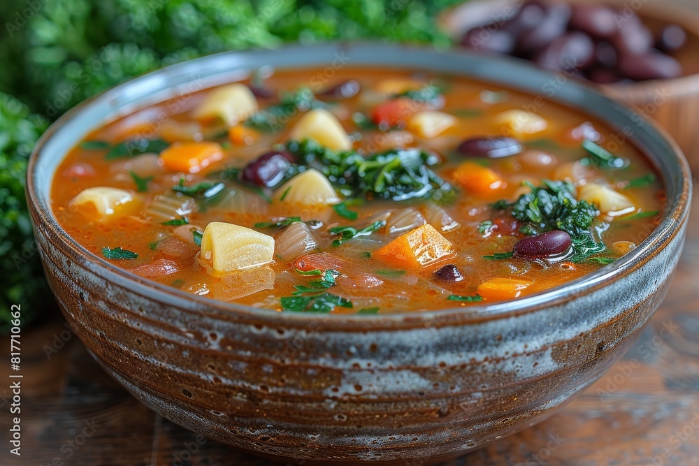 Minestrone Soup: A bowl of vegetable-rich minestrone soup with visible chunks of vegetables, beans, and pasta, in a hearty broth. Minestrone Soup: A bowl of vegetable-rich minestrone soup with visible chunks of vegetables, beans, and pasta, in a hearty broth.