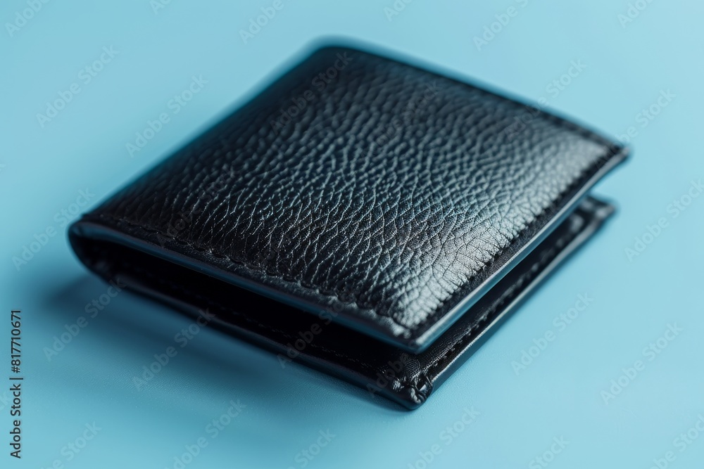 Closed black wallet on isolated white and blue background Closed black wallet on isolated white and blue background