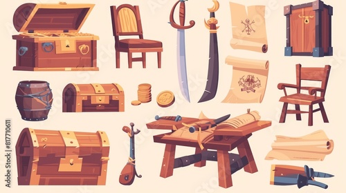 Interior furniture and elements for a pirate ship. Cartoon modern illustration of wooden table and chair, treasure chest, parchment rolls and hook.