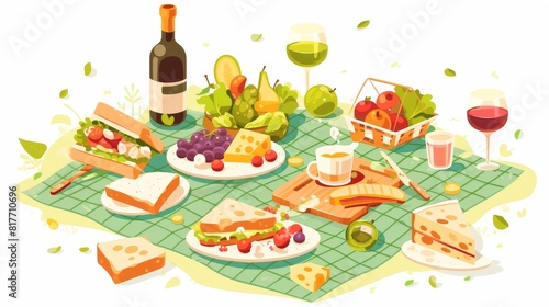 Isolated food item on picnic blanket. Modern cartoon illustration of fruit  sandwich  cocktail glasses  wine bottle  cheese on green checkered mat  outdoor dinner design element.