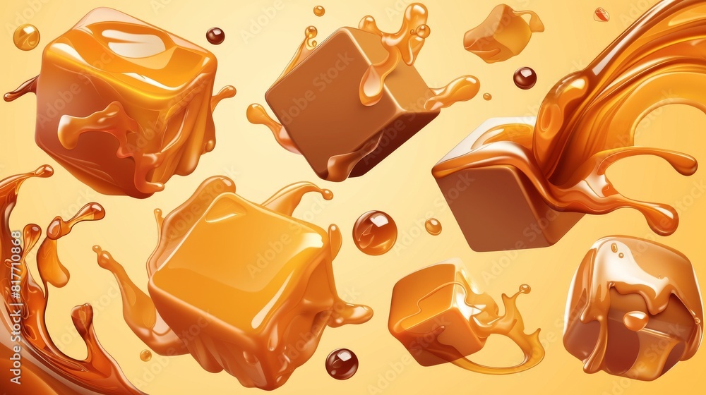 Realistic 3D modern illustration set of milk toffee caramel splash and candy. Brown confection cube, lozenge, and spilled drops. Sugary food piece with drips. Realistic 3D modern illustration set of milk toffee caramel splash and candy. Brown confection cube, lozenge, and spilled drops. Sugary food piece with drips.