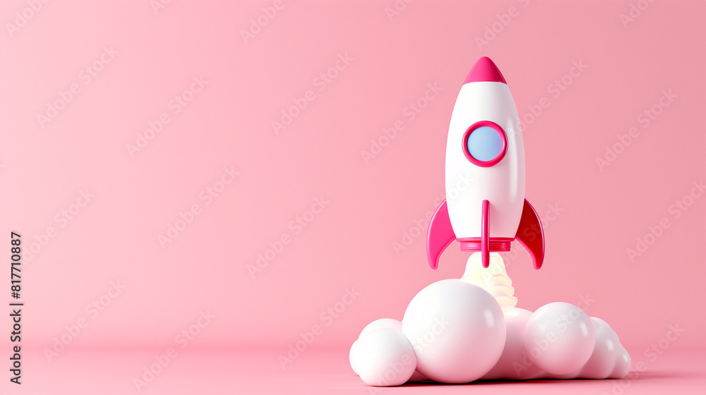 3D Rocket launch on pink background, Spaceship icon, startup business concept. 3d render illustration.