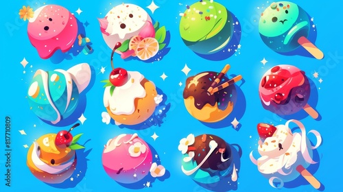 Cartoon modern illustration of funny sweet dessert confectionery balls made from lollipop  ice cream  chocolate with nut chips  cake with icing for fantasy game UI universe design.