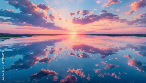 Reflective lake at sunset  the still water mirroring the serene sky s colors