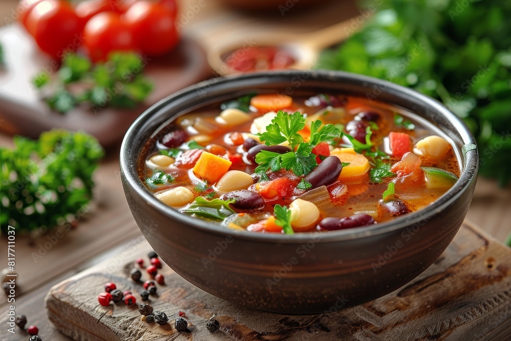 Minestrone Soup: A bowl of vegetable-rich minestrone soup with visible chunks of vegetables, beans, and pasta, in a hearty broth. Minestrone Soup: A bowl of vegetable-rich minestrone soup with visible chunks of vegetables, beans, and pasta, in a hearty broth.