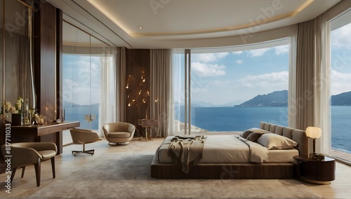 A luxury bedroom with see view
