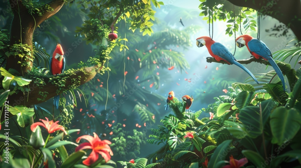 Fototapeta premium Immerse Yourself in the Vibrant 3D Jungle Habitat, Where Monkeys Swing with Glee
