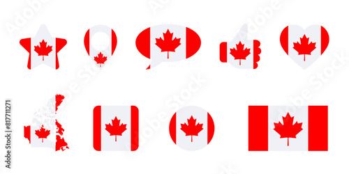 Icon set with star, heart, map, pin, speech bubble and thumb up of Canada flag colors. Symbols or signs isolated on white. Vector clipart elements, illustration of canadian event or national holidays.