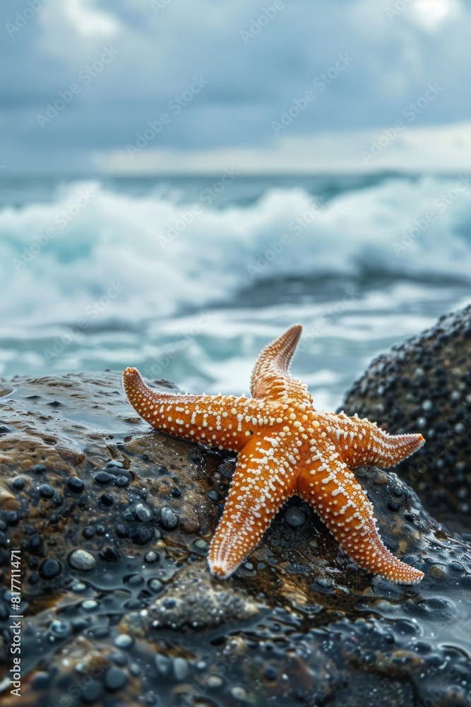 Close-up of a starfish clinging to a damp rock, with the ocean waves crashing in the background Close-up of a starfish clinging to a damp rock, with the ocean waves crashing in the background