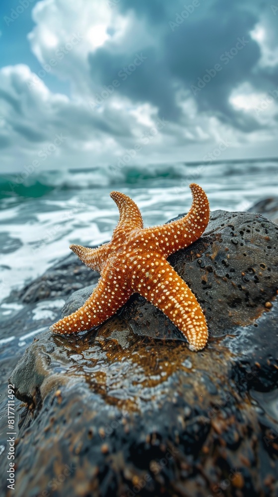 Close-up of a starfish clinging to a damp rock, with the ocean waves crashing in the background Close-up of a starfish clinging to a damp rock, with the ocean waves crashing in the background