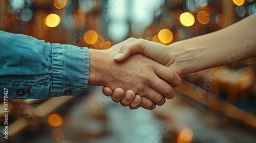 a man in a blue shirt shaking hands with another person at an oil refinery cinematic photo