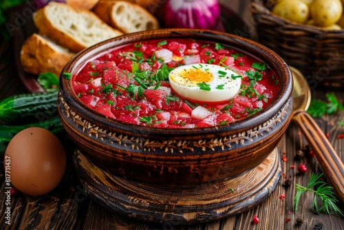 Cold borscht summer dish with beet soup cucumber egg and potatoes on wooden table Traditional European meal tasty lunch photo