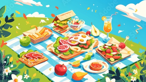 A cute outdoor mat with fruit, wine, and snacks for travel dinner. A tablecloth for an outing party celebration with tomato, apple, and cocktail clipart.