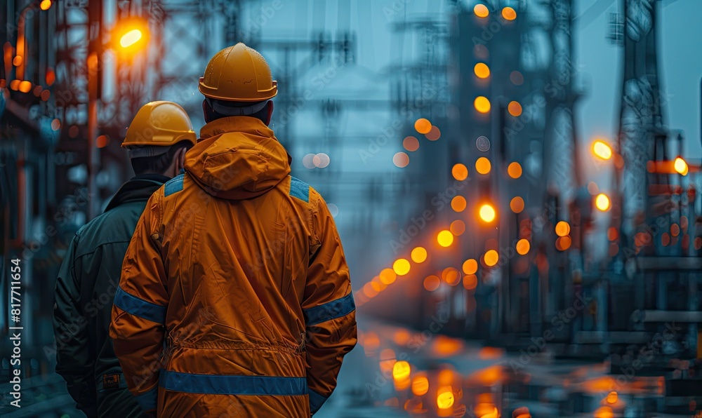 Back view of two specialist electrical substation engineers inspect modern highvoltage equipmentBlue hour Commercial photo