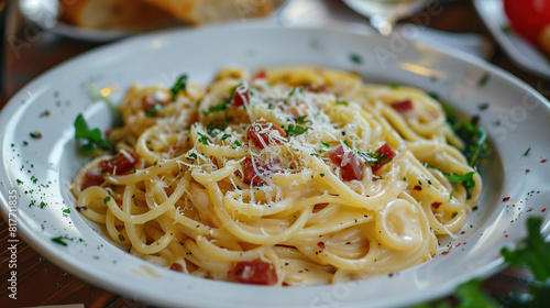 Italian Linguini Carbonara Pasta with white cream on top Italian restaurant blurry background, food advertising © Uwe