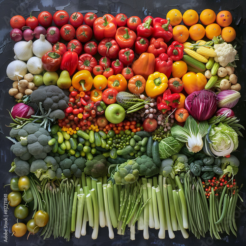 A meticulously organized gradient of vegetables and fruits creates a visual feast on a dark background